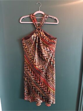 ABS By Allen Schwartz VINTAGE Keyhole Halter Neck Multicolor Asymmetrical Dress